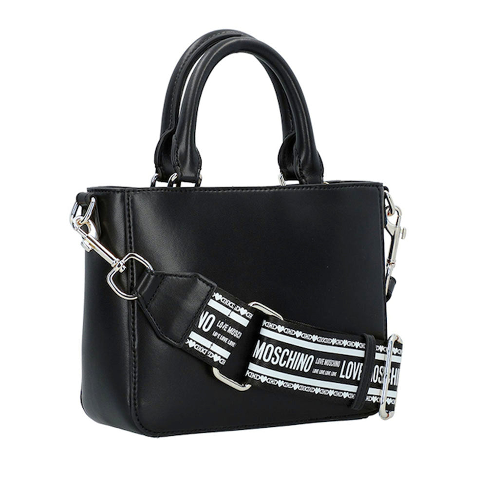 LOVE MOSCHINO Damenhandtasche mit Schulterriemen, Made with Love Linie, Schwarz und Nickel