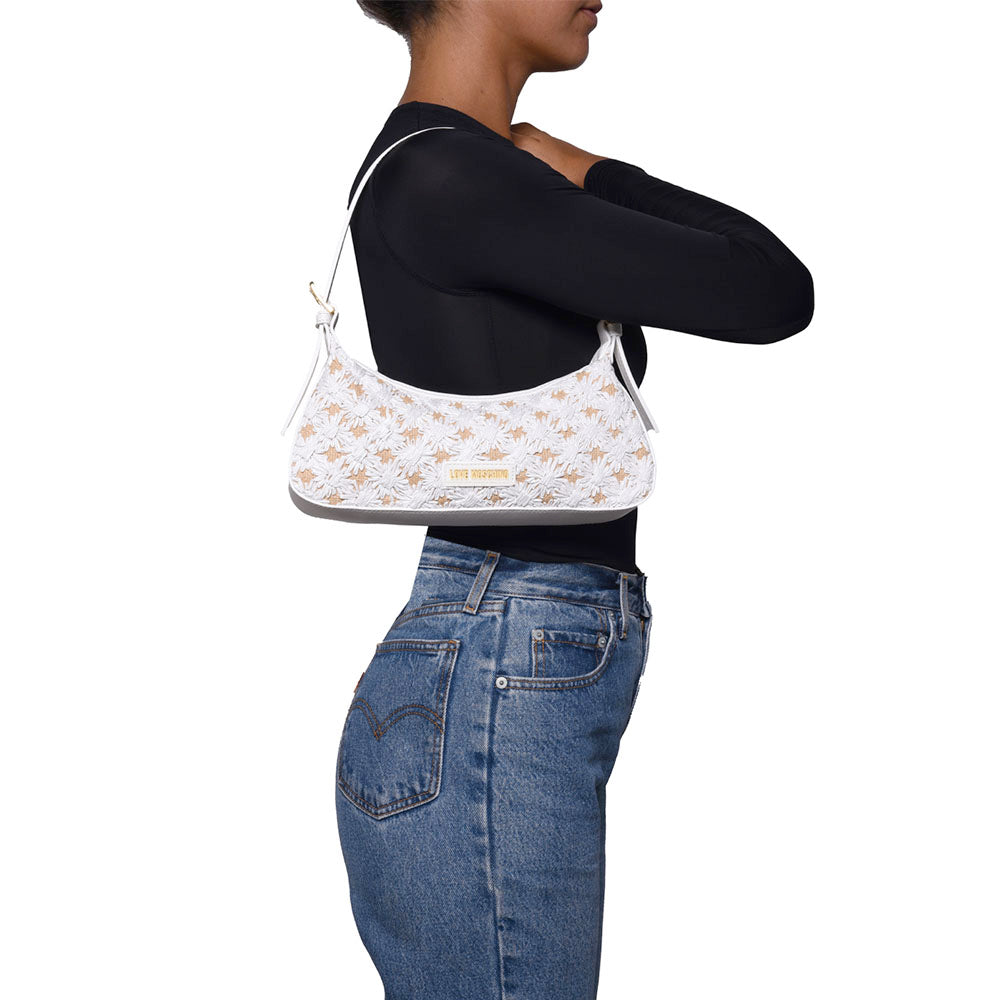 Borsa Donna a Spalla LOVE MOSCHINO linea Daisy in Ecopelle e Rafia Bianca