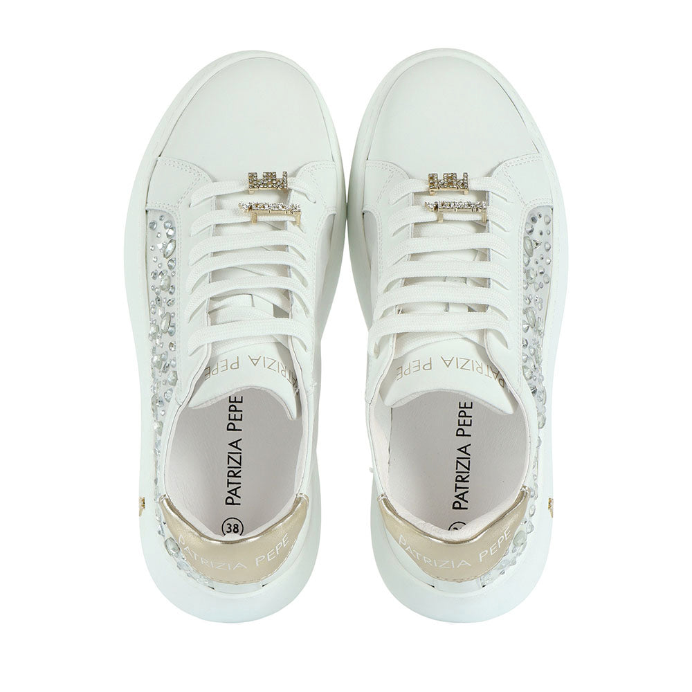 Sneakers Platform PATRIZIA PEPE Girl in Pelle Bianca con Inserti Trasparenti con Pietre Applicate