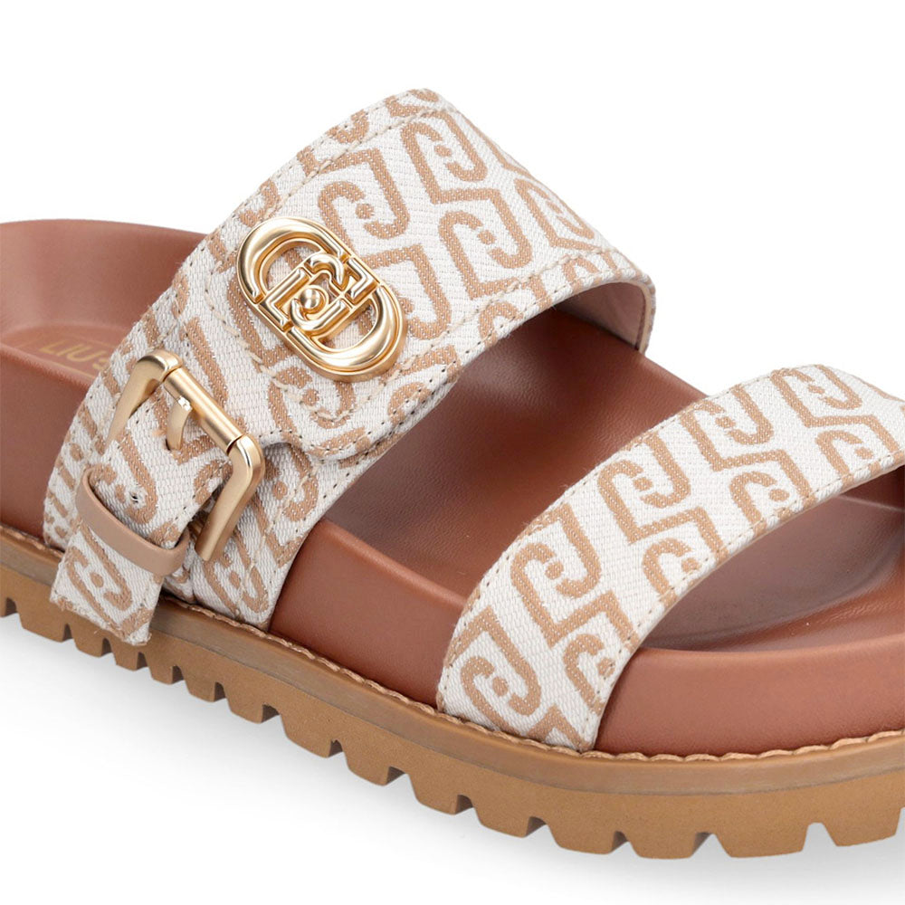 Ciabatte Donna Doppia Fascia LIU JO Livia 02 in Tessuto Jacquard Logato Beige