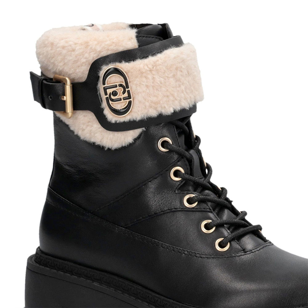 Anfibi Donna LIU JO Rumi 45F in Pelle Nera con Dettagli in Eco Fur