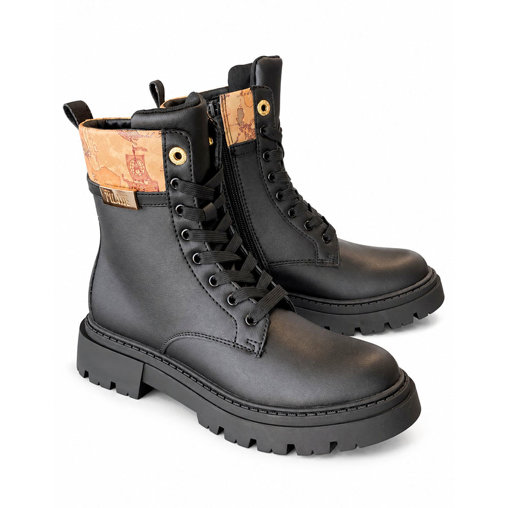 Black Faux Nappa Combat Boots with Beige Geo Inserts 1A Classe ALVIERO MARTINI 2569