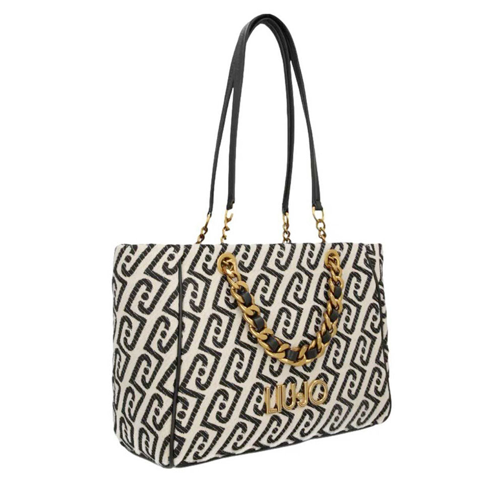 Shopping Bag Media Donna LIU JO in Tessuto Jacquard Bianco e Nero con Logo Monogram
