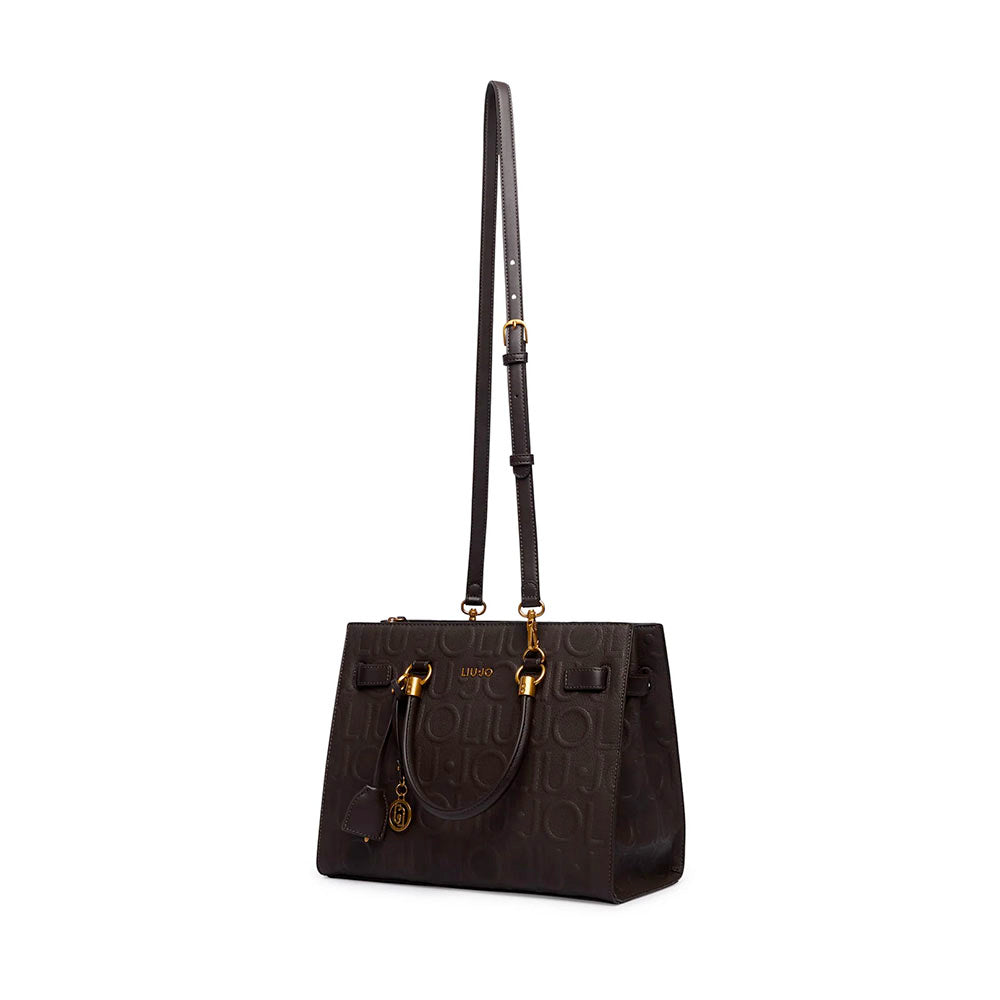 Borsa Donna a Mano Media LIU JO in Ecopelle Marrone Scuro con Logo in Rilievo All Over