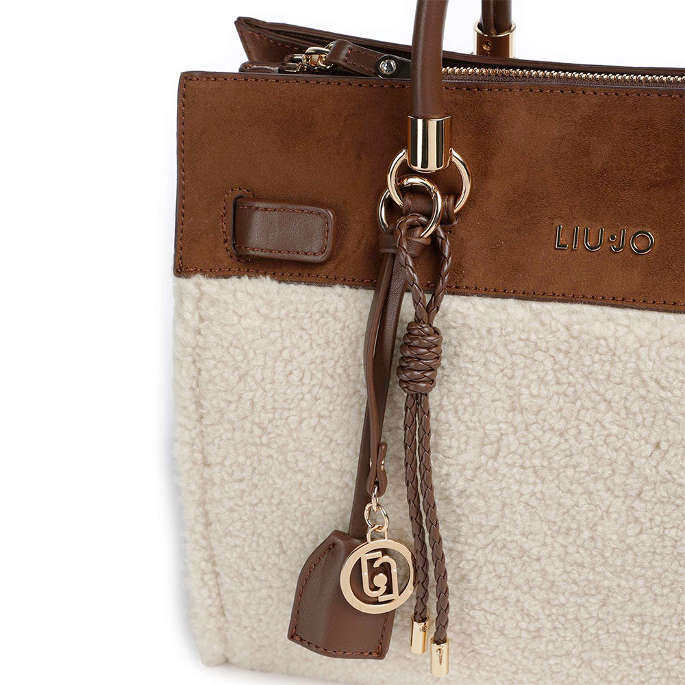 Borsa Donna a Mano Media LIU JO in Tessuto Teddy color Crema e Inserto effetto Suede
