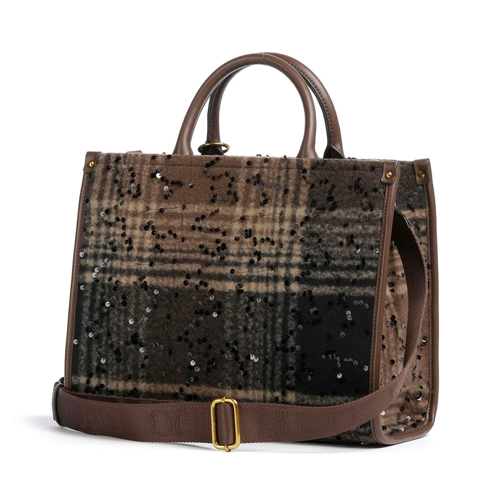 Borsa Donna a Mano Small LIU JO in Tessuto stampa Check Testa di Moro con Paillettes