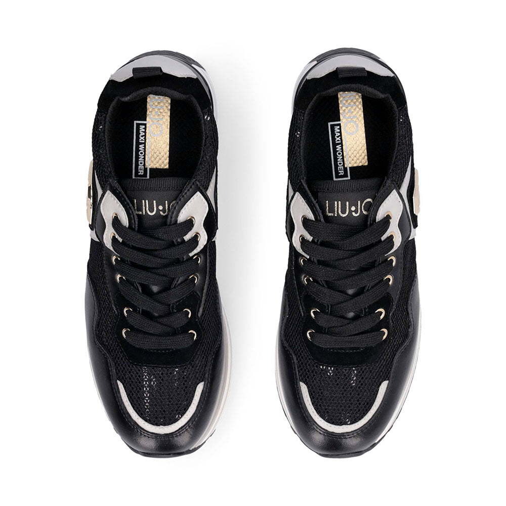Sneakers Platform Donna LIU JO Maxi Wonder 01 in Pelle e Mesh Nero con Paillettes