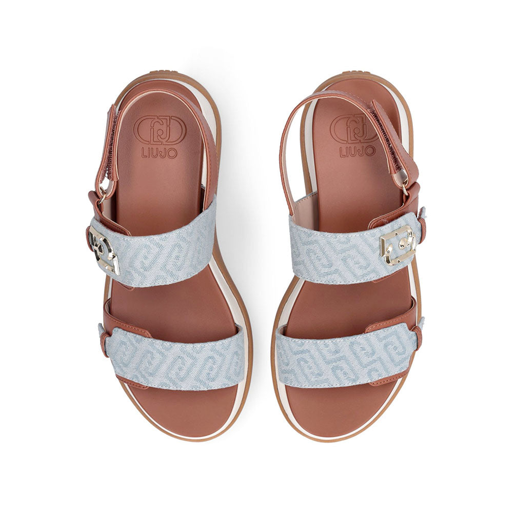 Sandali Platform Donna LIU JO Fiona 02 color Cuoio con Inserti Denim stampa Monogram