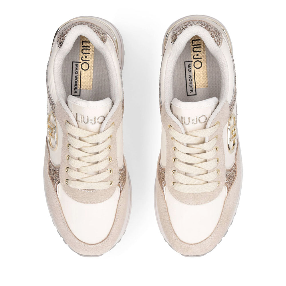 Sneakers Super Platform Donna LIU JO Maxi Wonder Plus 01 in Suede Nylon e Glitter Rope Milk
