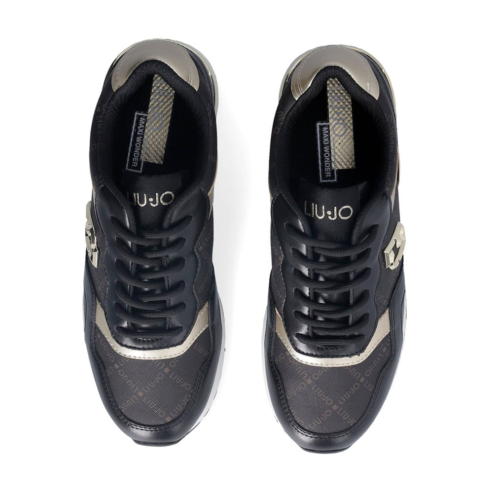 Sneakers Running LIU JO Maxi Wonder Low 02 in Pelle Nera e Inserti stampa Monogram