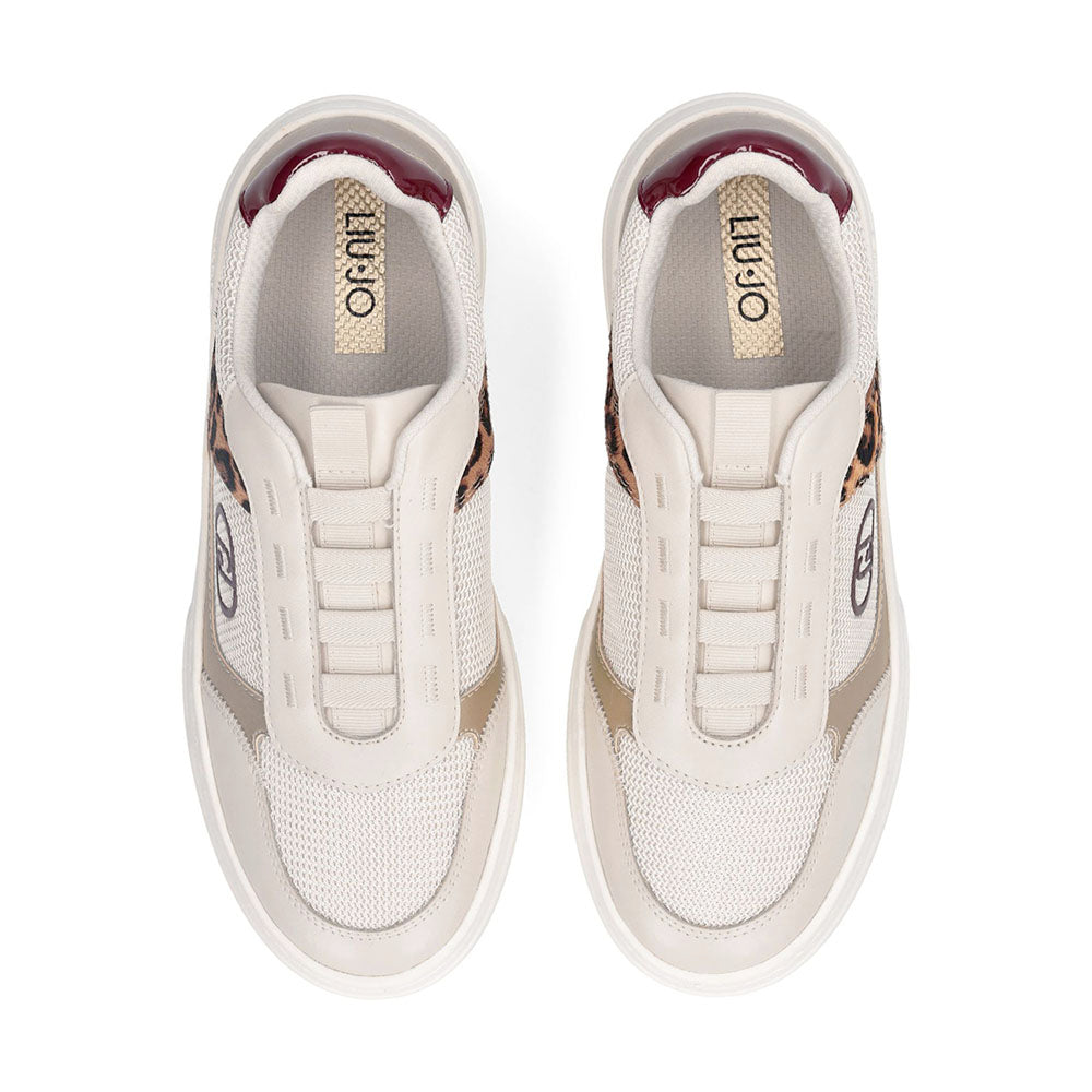 Damen-Slip-On-Sneaker LIU JO Me 05 aus Leder und Stoff in Weiß mit Metallic- und Animalier-Einsätzen