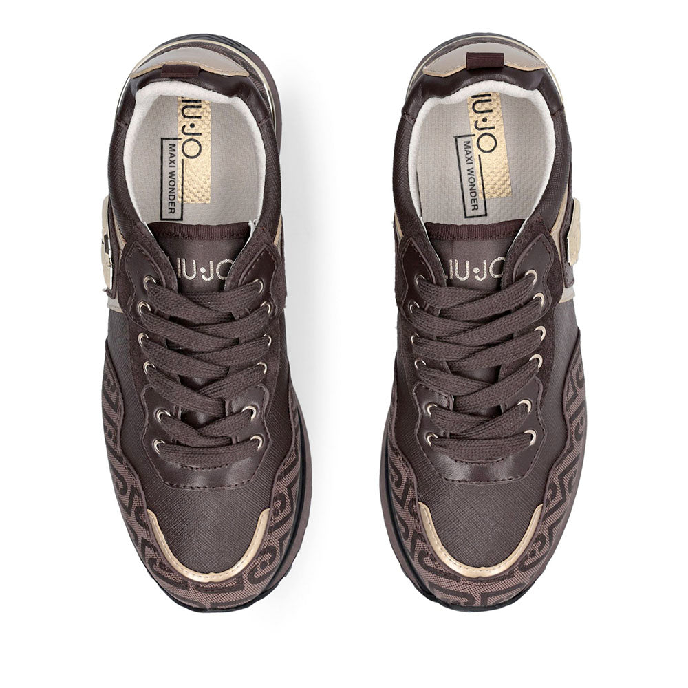 Sneakers Platform Donna LIU JO Maxi Wonder 01 stampa Saffiano con Logo Monogram color Moka
