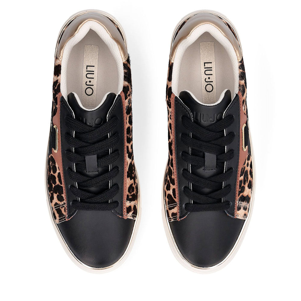 Sneakers Donna LIU JO Kiki 04 in Pelle Nera con Inserti Effetto Cavallino Leopardato