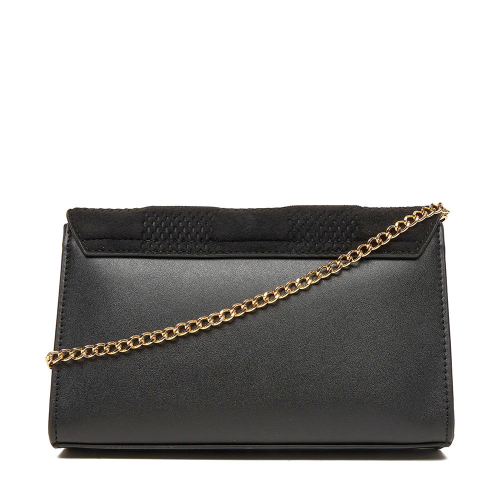 Damen-Clutch mit Umhängeriemen LOVE MOSCHINO Modell Gold Metal Logo aus weichem Stoff in Schwarz