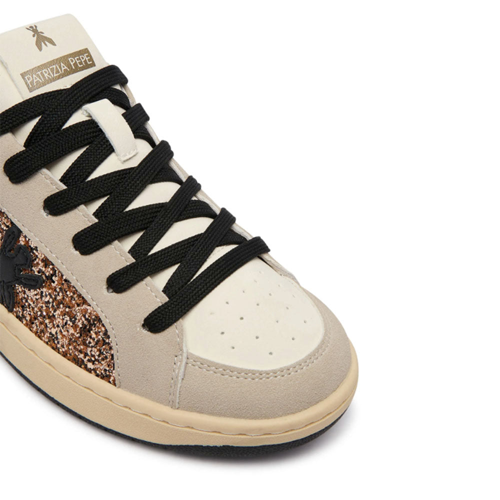 Sneakers PATRIZIA PEPE Girl linea Fly Crazy Kids in Suede Beige e Glitter Bronzo