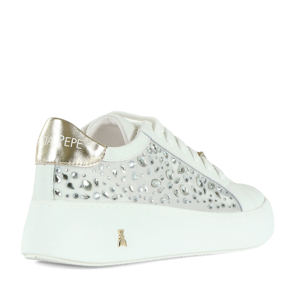 Sneakers Platform PATRIZIA PEPE Girl in Pelle Bianca con Inserti Trasparenti con Pietre Applicate