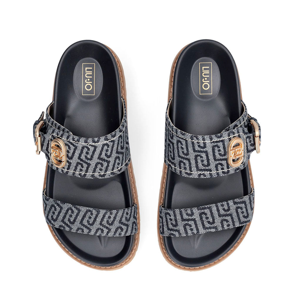Ciabatte Donna Doppia Fascia LIU JO Livia 02 in Denim Jacquard Logato Blu Scuro