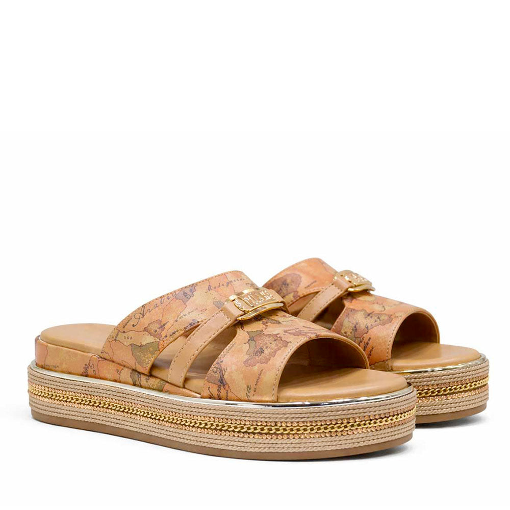 Ciabatte Platform 1A Classe Alviero Martini in Eco Nappa stampa Geo Beige e Cammello 2485