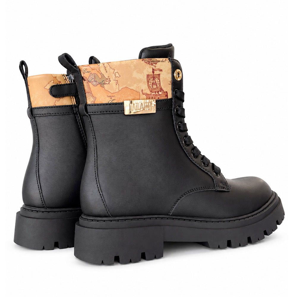 Black Faux Nappa Combat Boots with Beige Geo Inserts 1A Classe ALVIERO MARTINI 2569
