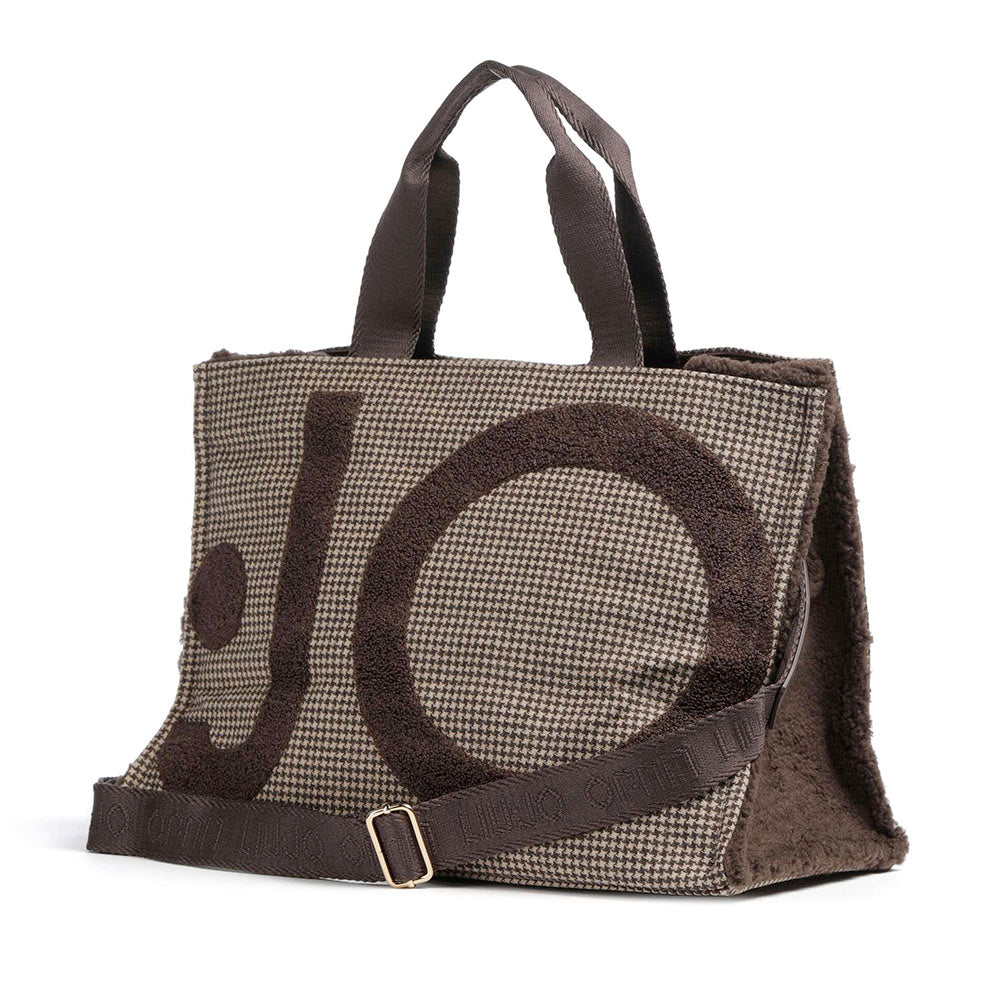 Tote Bag Donna LIU JO in Tessuto Check Testa di Moro con Maxi Logo