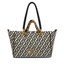 Shopping Bag Media Donna LIU JO in Tessuto Jacquard Bianco e Nero con Logo Monogram