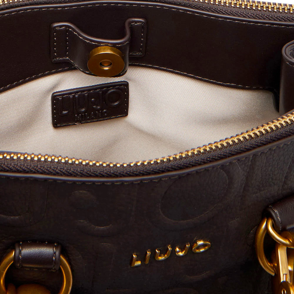 Borsa Donna a Mano Small LIU JO in Ecopelle Marrone Scuro con Logo in Rilievo All Over