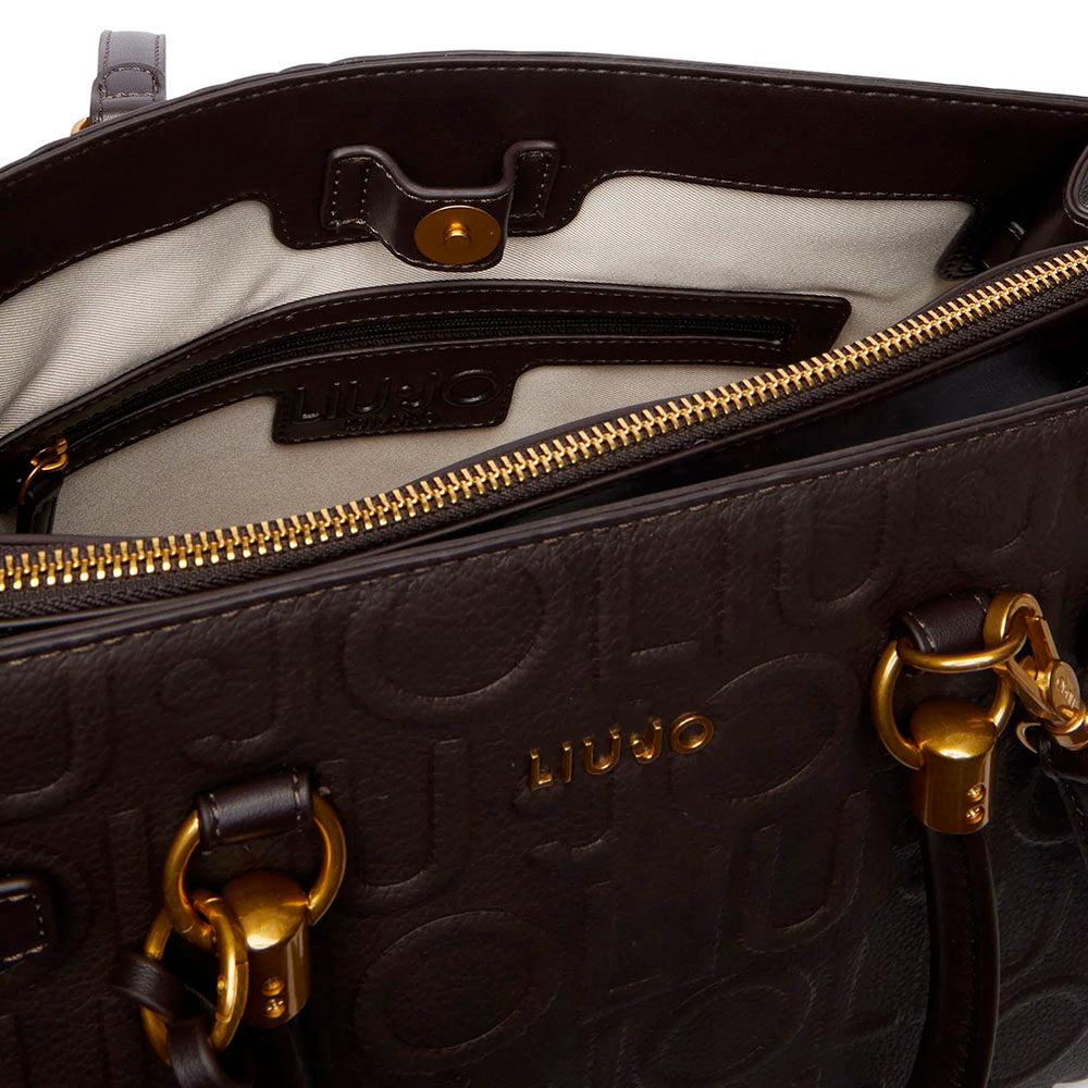 Borsa Donna a Mano Media LIU JO in Ecopelle Marrone Scuro con Logo in Rilievo All Over