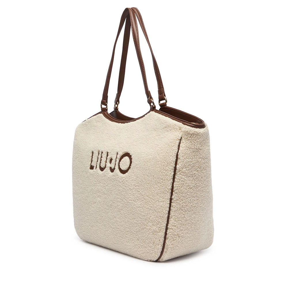 Maxi Tote Bag Donna LIU JO in Tessuto effetto Teddy color Crema