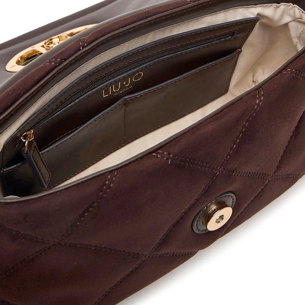 Borsa Donna a Spalla LIU JO linea La Puffy Media in Microfibra effetto Camoscio con inserti Trapuntati Marrone Scuro