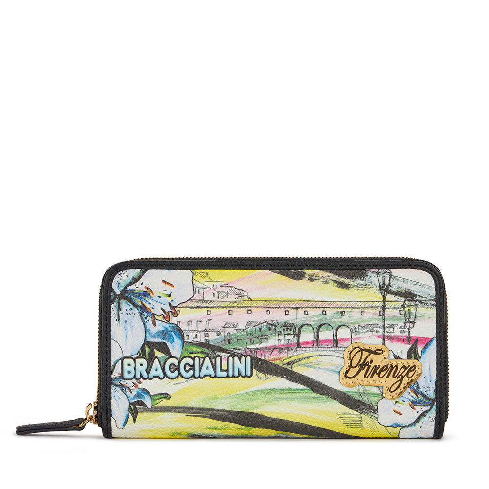Portafoglio Donna Zip Around BRACCIALINI linea Cartoline stampa Firenze