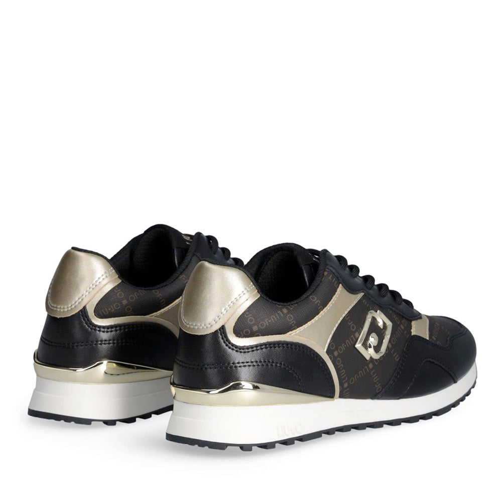 Sneakers Running LIU JO Maxi Wonder Low 02 in Pelle Nera e Inserti stampa Monogram