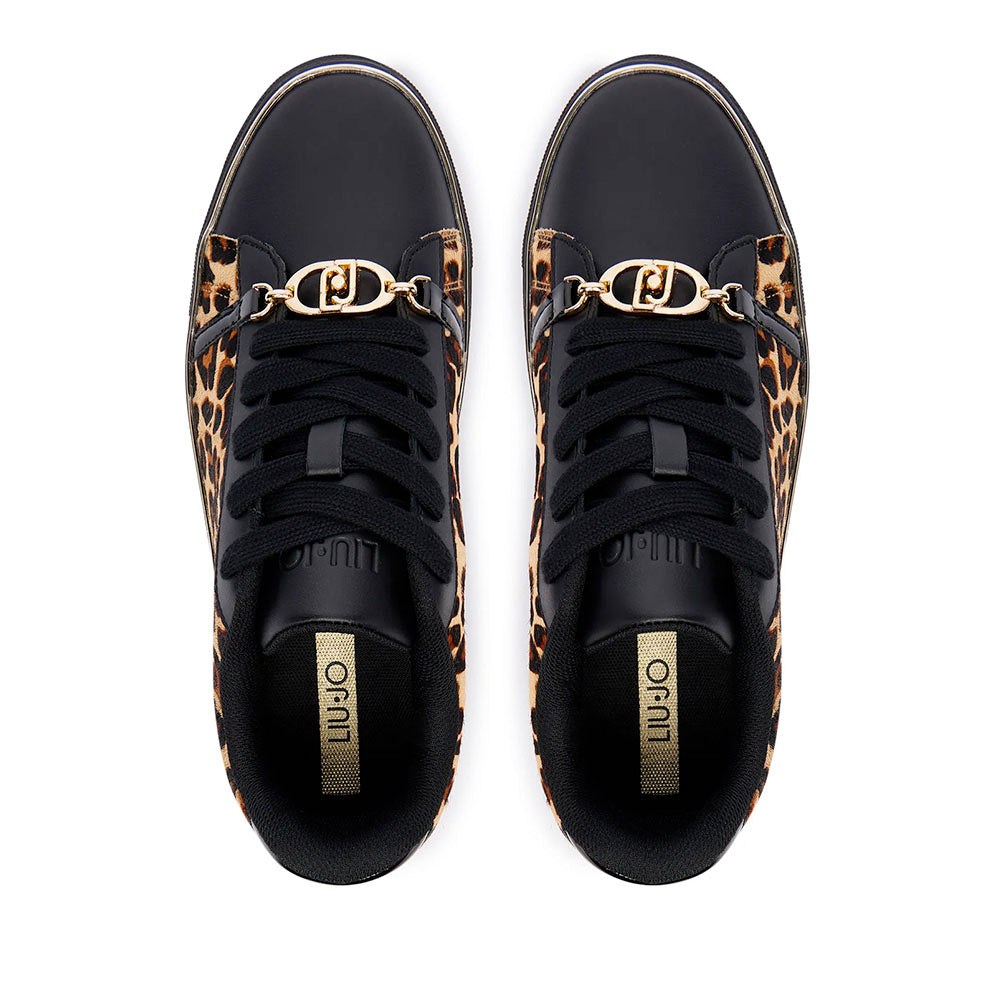 Sneakers Donna LIU JO Kiki 01 in Pelle Nera e Inserti in Cavallino stampa Animalier