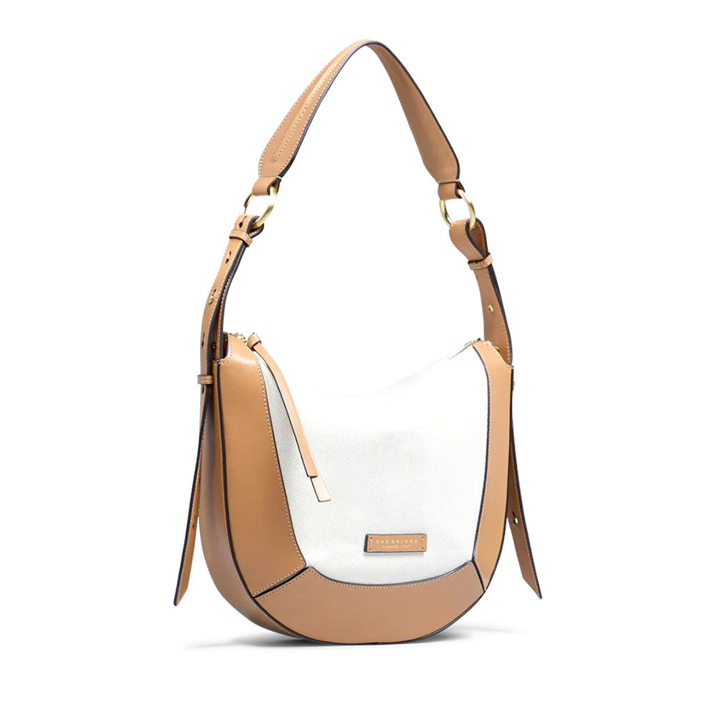 Borsa Donna a Spalla THE BRIDGE linea Fedora in Pelle Beige e Tessuto Bianco