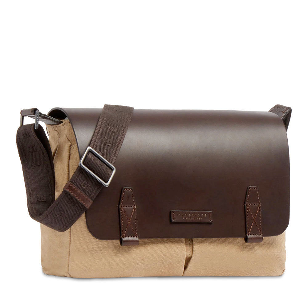Messenger Uomo THE BRIDGE linea Igor in Tessuto Cerato Beige e Pelle Testa di Moro