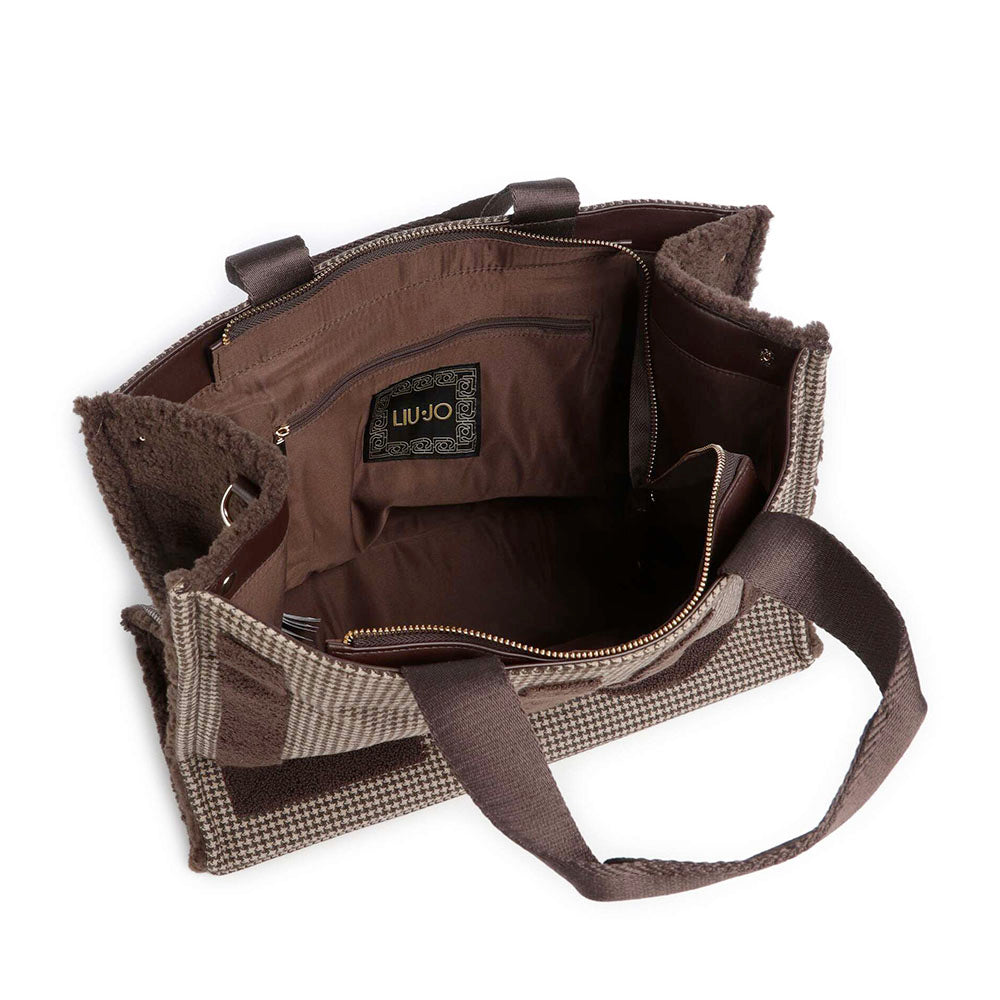 Tote Bag Donna LIU JO in Tessuto Check Testa di Moro con Maxi Logo