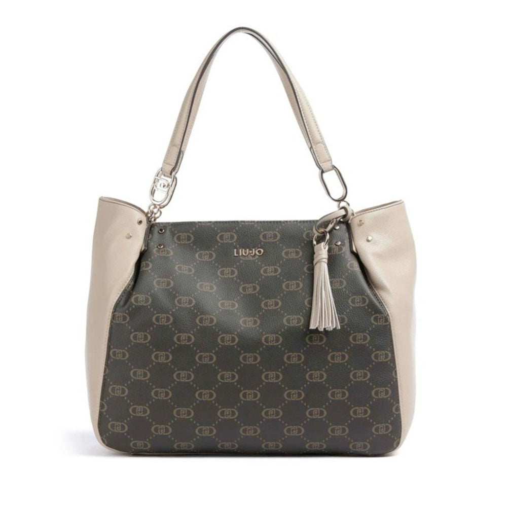 Shopping Bag LIU JO Marrone con Logo Monogram e Inserto effetto Bottalato Beige