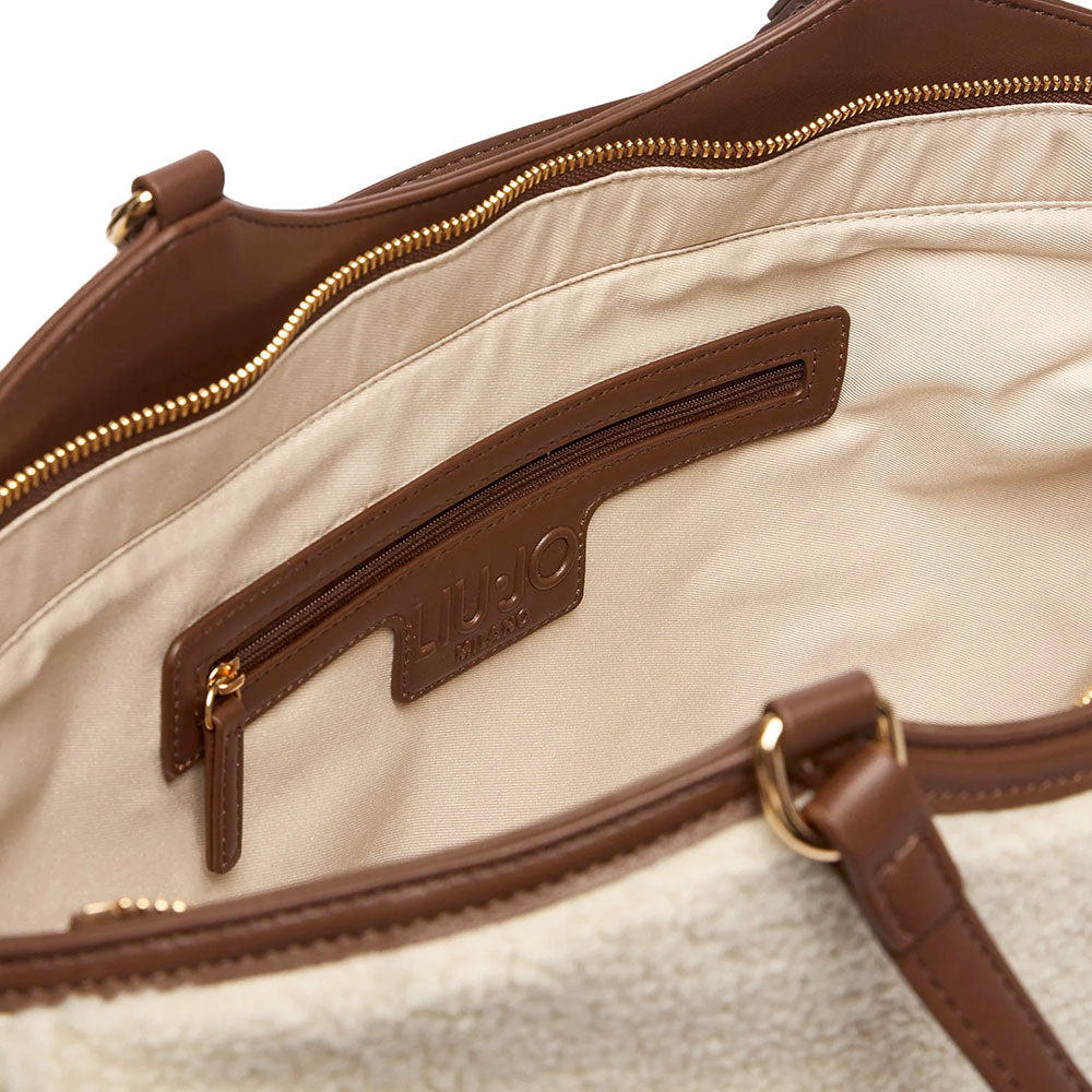 Maxi Tote Bag Donna LIU JO in Tessuto effetto Teddy color Crema