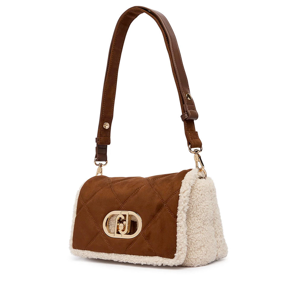 Borsa Donna a Spalla LIU JO linea La Puffy Media in Tessuto effetto Camoscio Marrone e inserti Teddy color Crema