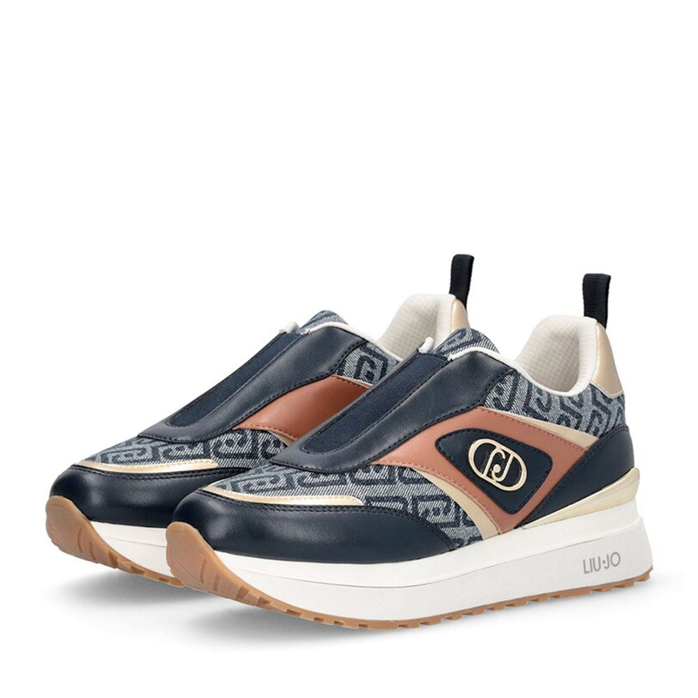 Sneakers Slip On Donna LIU JO Maxi Wonder 99 in Pelle e Tessuto stampa Monogram Blu