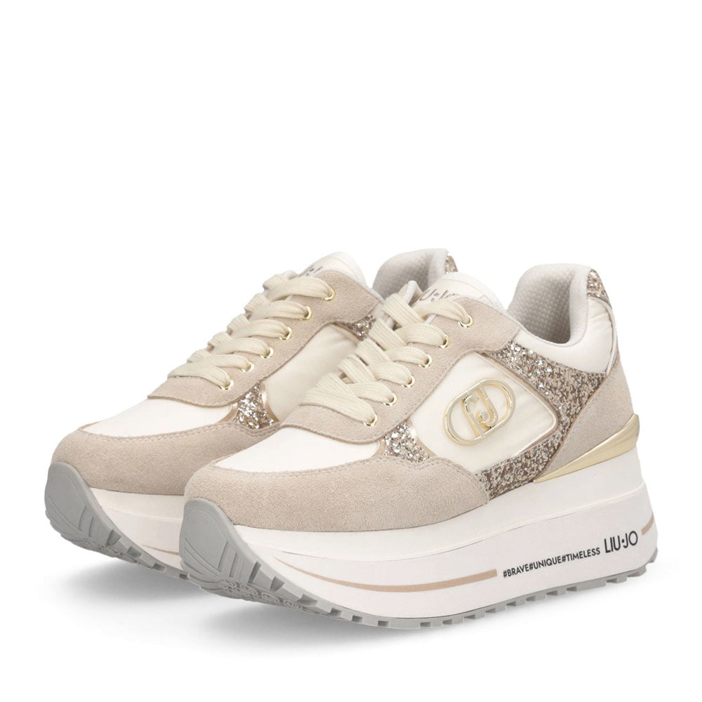 Sneakers Super Platform Donna LIU JO Maxi Wonder Plus 01 in Suede Nylon e Glitter Rope Milk