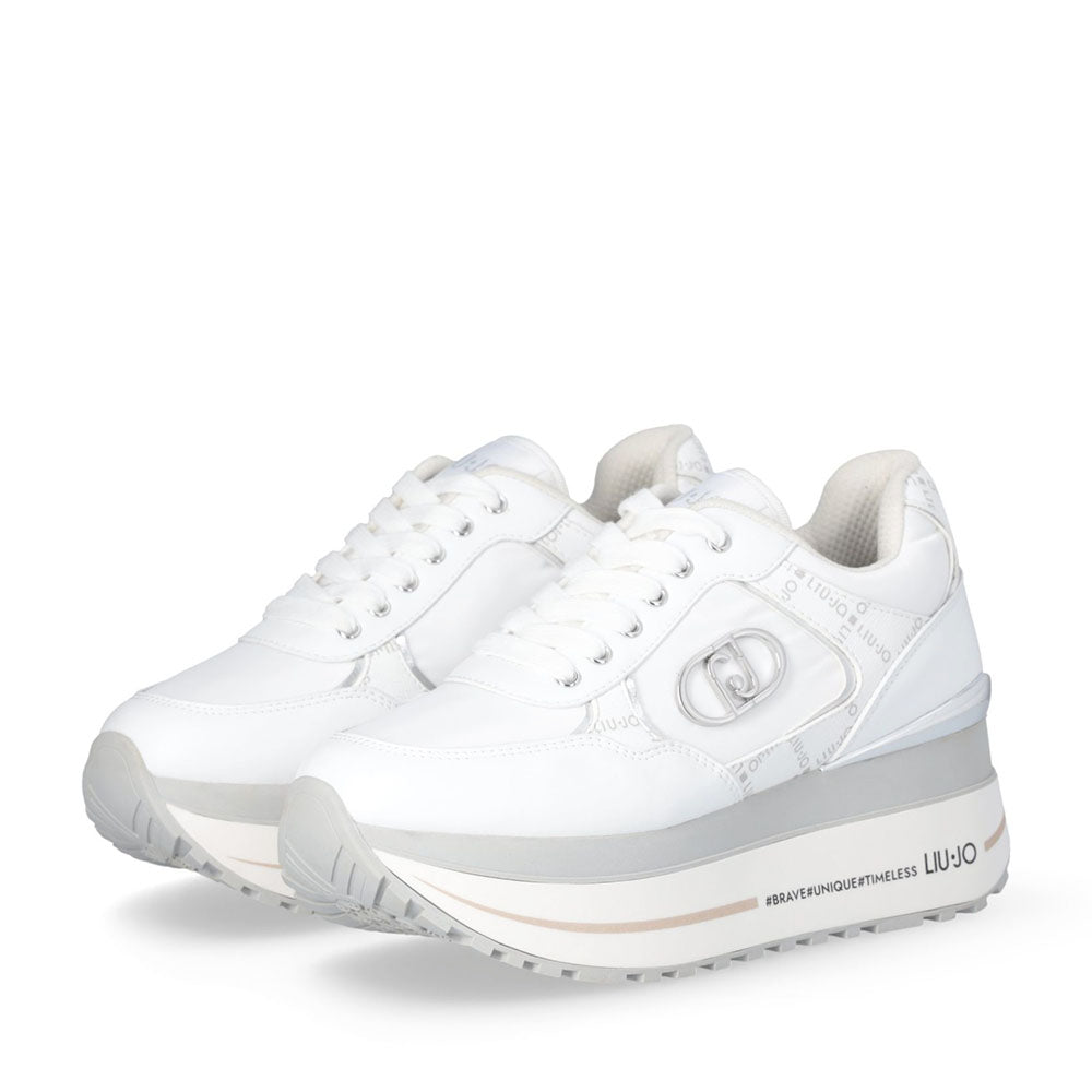 Sneakers Super Platform Donna LIU JO Maxi Wonder Plus 01 in Pelle Bianca e Inserti stampa Monogram