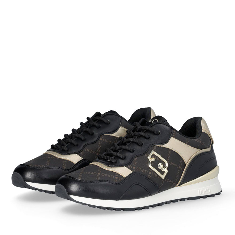 Sneakers Running LIU JO Maxi Wonder Low 02 in Pelle Nera e Inserti stampa Monogram