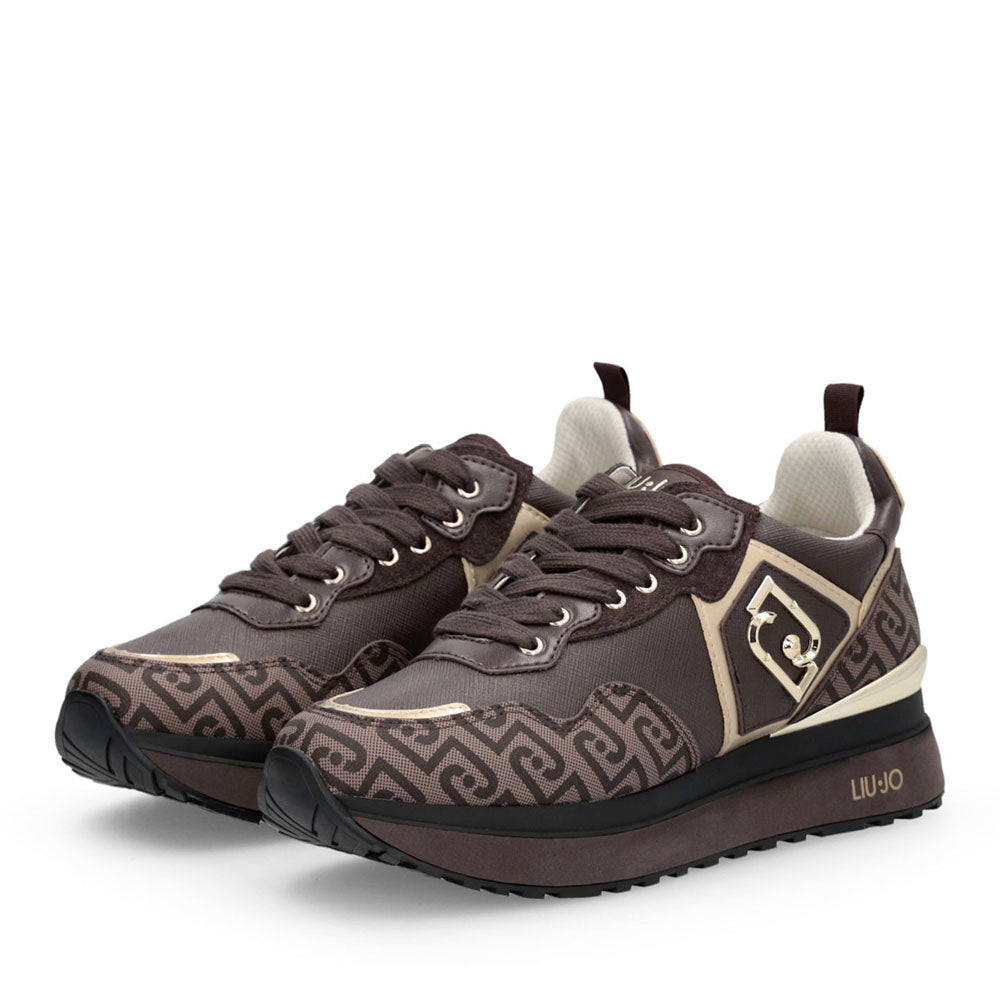 Sneakers Platform Donna LIU JO Maxi Wonder 01 stampa Saffiano con Logo Monogram color Moka