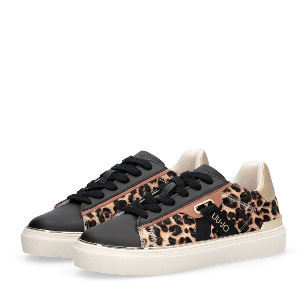 Sneakers Donna LIU JO Kiki 04 in Pelle Nera con Inserti Effetto Cavallino Leopardato