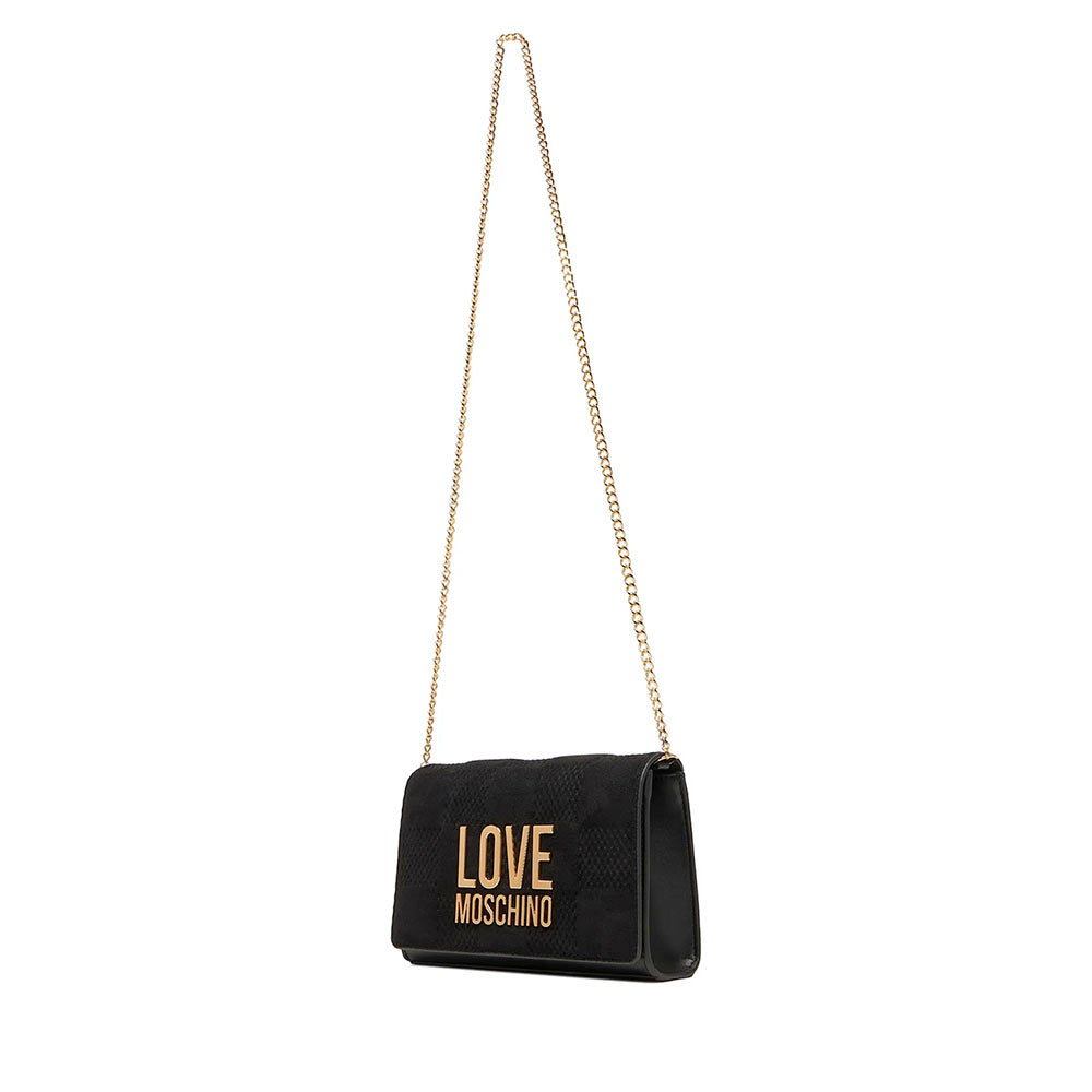 Damen-Clutch mit Umhängeriemen LOVE MOSCHINO Modell Gold Metal Logo aus weichem Stoff in Schwarz