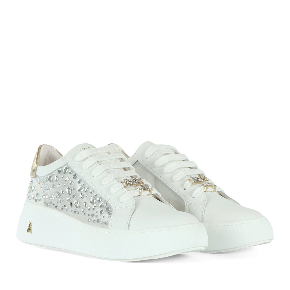 Sneakers Platform PATRIZIA PEPE Girl in Pelle Bianca con Inserti Trasparenti con Pietre Applicate