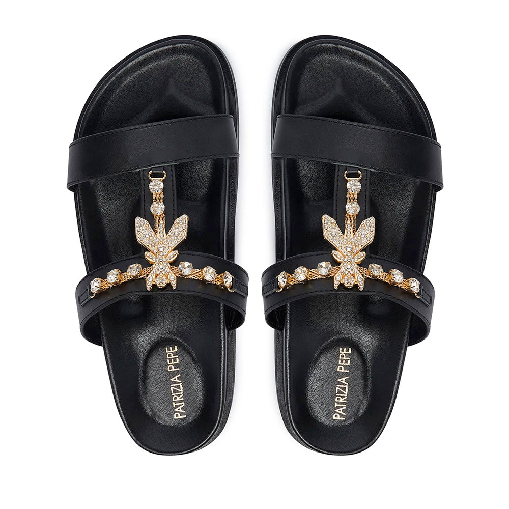 Ciabatte Doppia Fascia Gioiello PATRIZIA PEPE Girl linea Fly Birkilux in Pelle Nera
