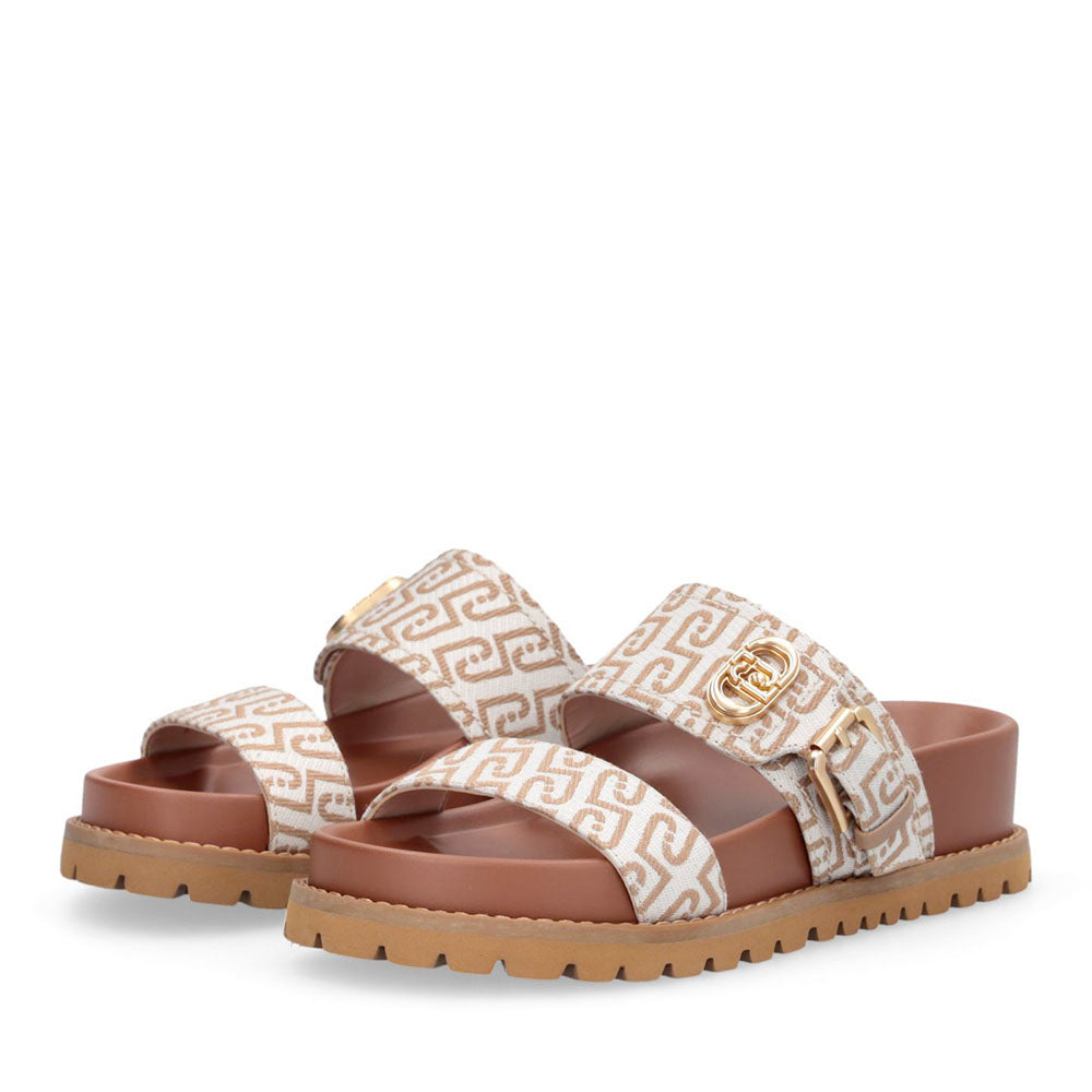 Ciabatte Donna Doppia Fascia LIU JO Livia 02 in Tessuto Jacquard Logato Beige