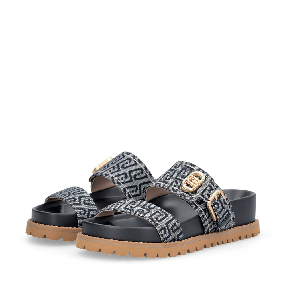 Ciabatte Donna Doppia Fascia LIU JO Livia 02 in Denim Jacquard Logato Blu Scuro