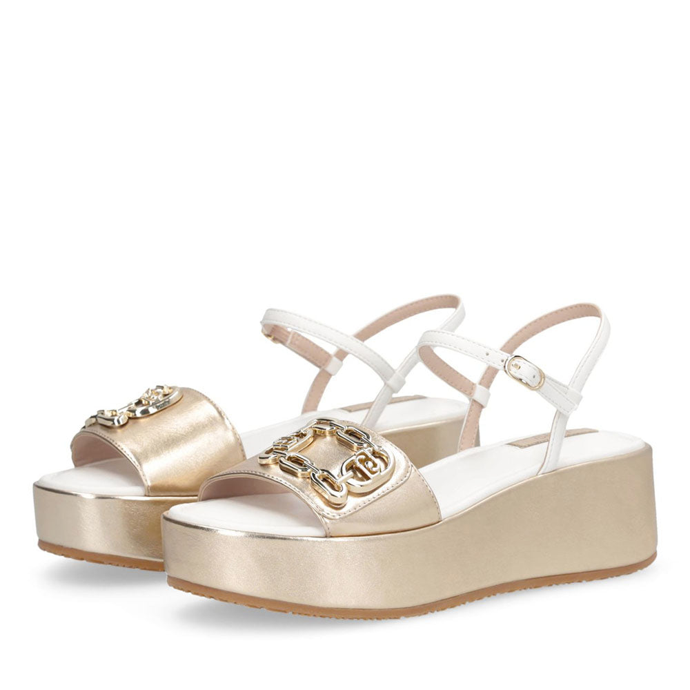 Sandali Donna con Zeppa LIU JO Flo 01 in Pelle Bianco e Light Gold